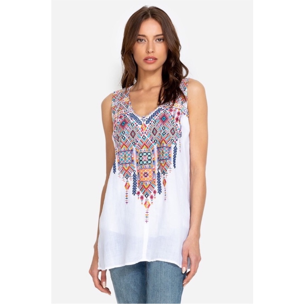 Johnny Was Workshop Shankara White Tank V Neck Embroider Size XS - Picture 1 of 11